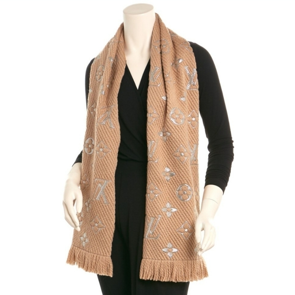 LOUIS VUITTON LV Beige Neutral Logomania Shine Monogram Scarf Tan Grey Wool Silk - Picture 6 of 16